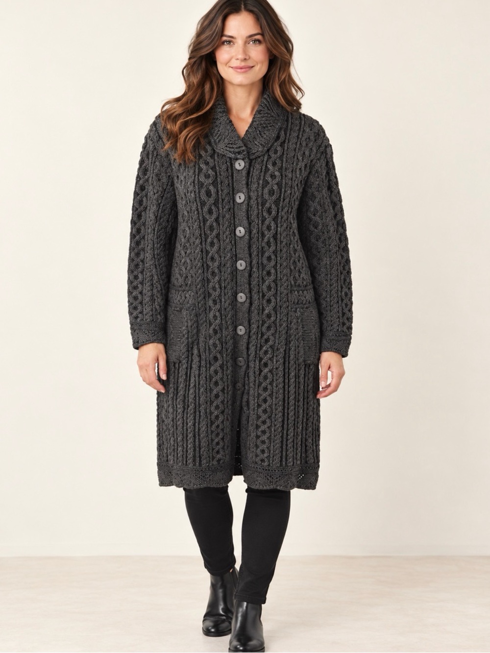 Aran Crafts Charcoal Gray Long Cable-Knit Button Cardigan